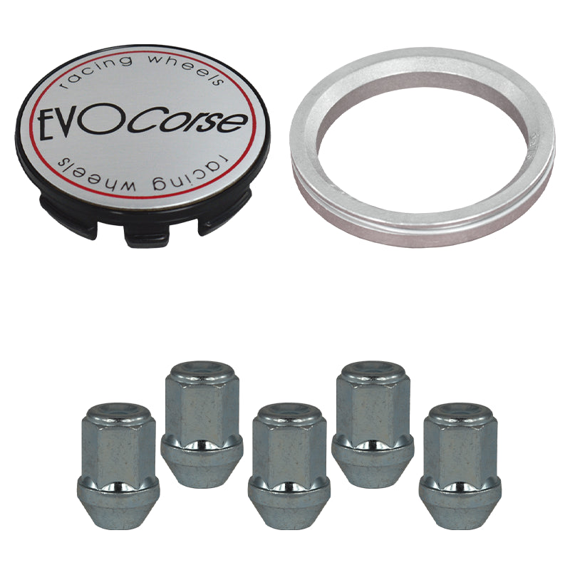 Evocorse - Fixing kit: 1 hubcap (C10), 1 Evocorse brushed badge (L10), 5 closed lug nuts M12x1.5 (031), 1 aluminum hub centric ring 75/60.1