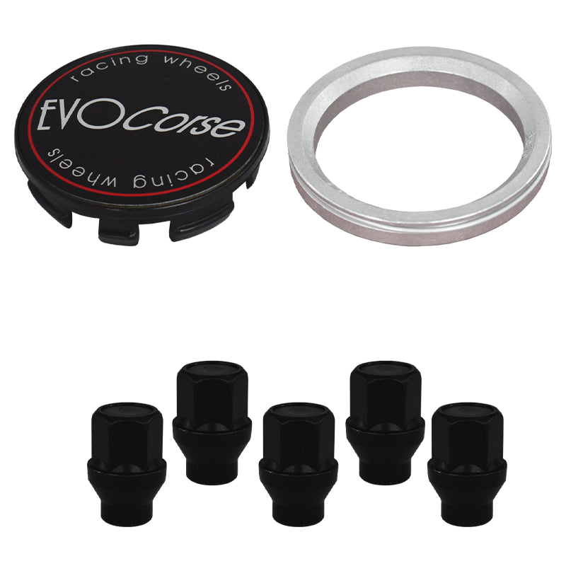 Evocorse - Fixing kit: 1 hubcap (C10), 1 Evocorse matt black badge (L11), 5 black closed lug nuts M12x1.5 (031), 1 aluminum hub centric ring 75/60.1