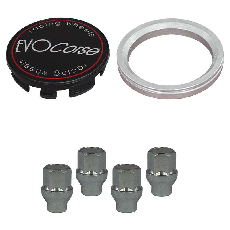 Evocorse - Fixing kit: 1 hubcap (C10), 1 Evocorse matt black badge (L11), 4 closed lug nuts M12x1.50 (031), 1 aluminum hub centric ring 75/56.1