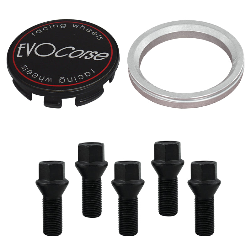 Evocorse - Fixing kit: 1 hubcap (C10), 1 Evocorse matt black badge (L11), 5 black screws M12x1.50 (073), 1 aluminum hub centric ring 67.1/66.1
