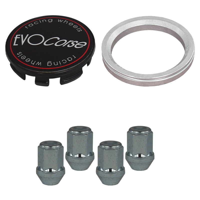 Evocorse - Fixing kit: 1 hubcap (C10), 1 Evocorse matt black badge (L11), 4 closed lug nuts M12x1.50 (031), 1 aluminum hub centric ring75/54.1