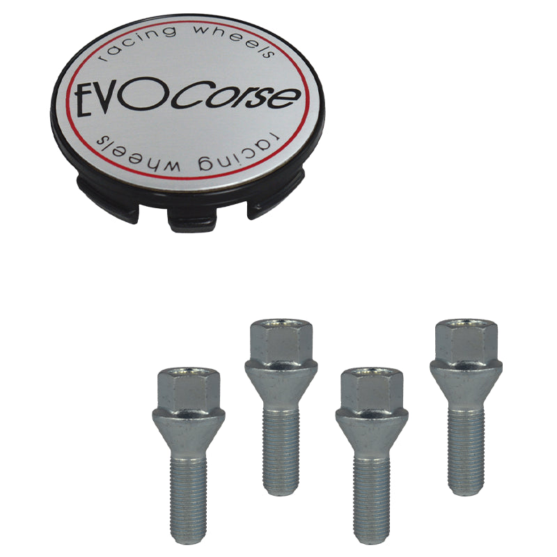 Evocorse - Fixing kit: 1 hubcap (C10), 1 Evocorse brushed badge (L10), 4 lug bolts M12x1.50 (073)