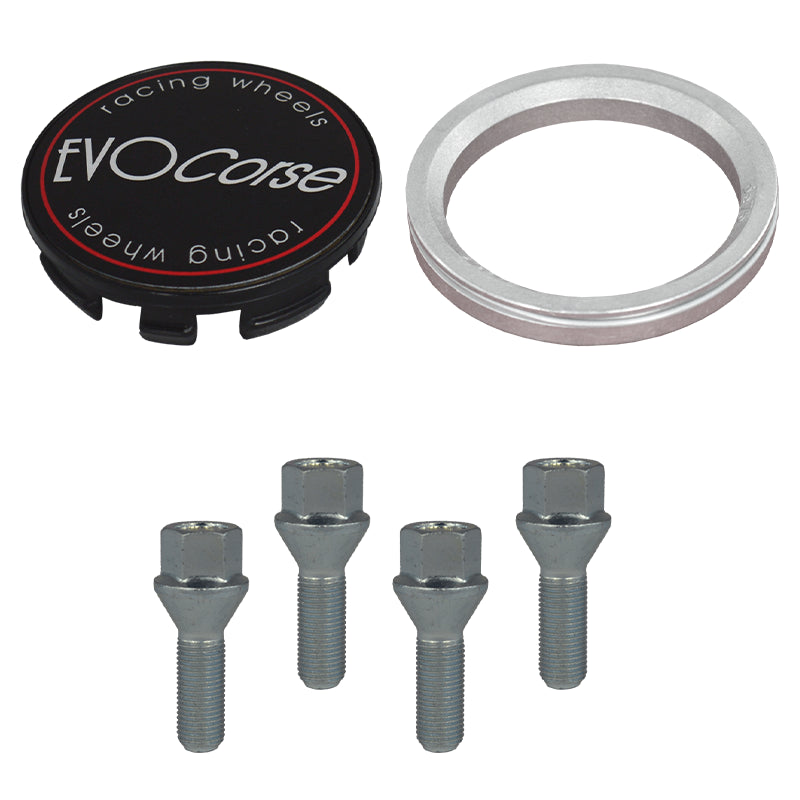 Evocorse - Fixing kit: 1 hubcap (C10), 1 Evocorse matt black badge (L11), 4 lug bolts M12x1.50 (073)