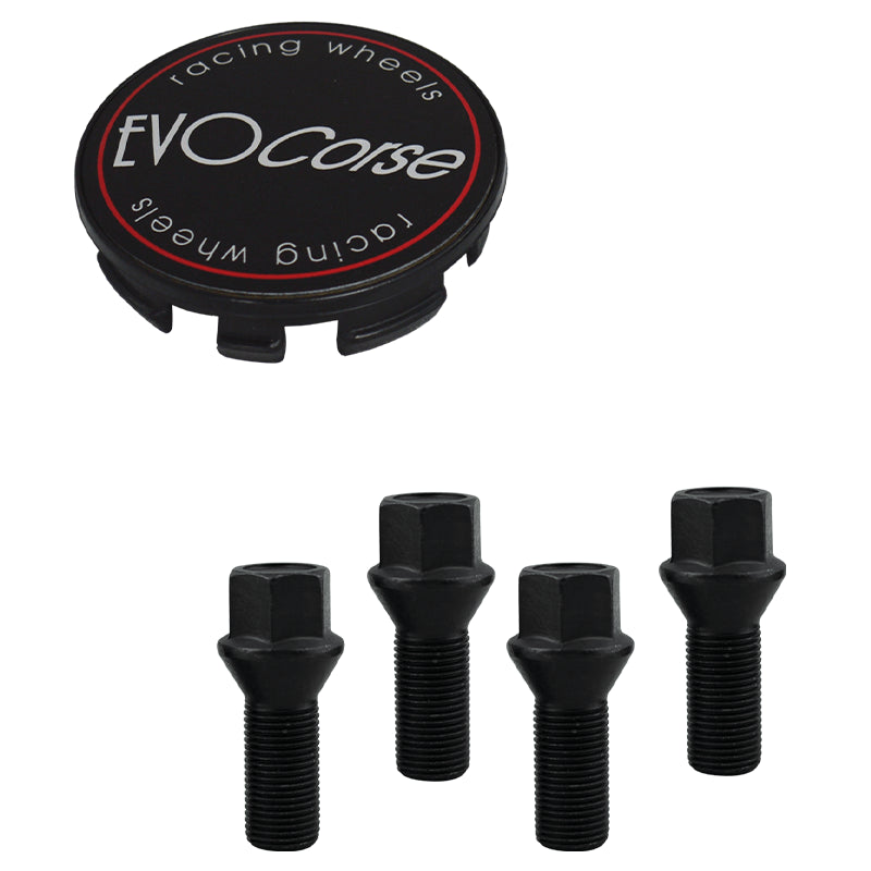 Evocorse - Fixing kit: 1 hubcap (C10), 1 Evocorse matt black badge (L11), 4 black lug bolts M12x1.50 (073)