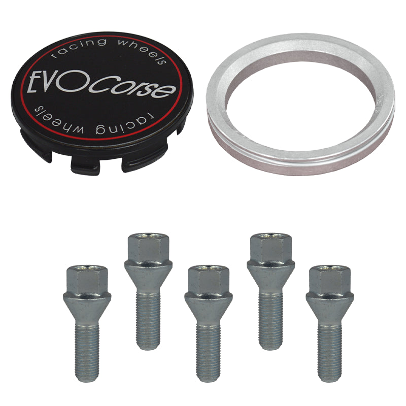 Evocorse - Fixing kit: 1 hubcap (C10), 1 Evocorse matt black badge (L11), 5 lug bolts M12x1.25 (027), 1 aluminum hub centric ring 75/65.1