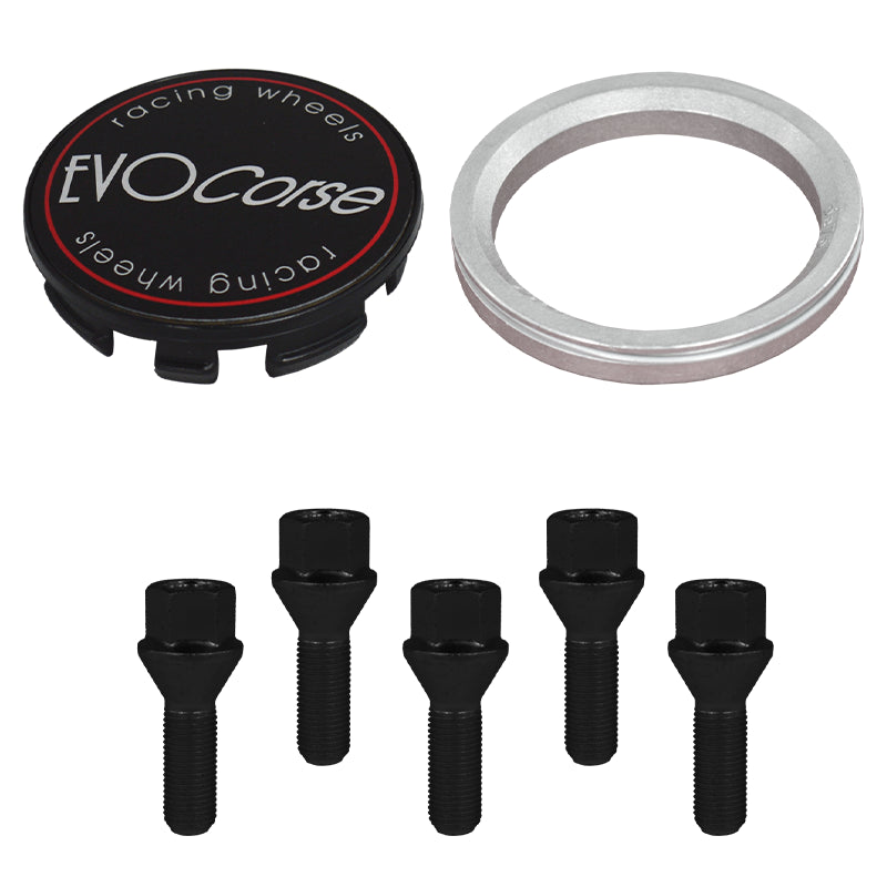 Evocorse - Fixing kit: 1 hubcap (C10), 1 Evocorse matt black badge (L11), 5 black lug bolts M12x1.25 (027), 1 aluminum hub centric ring 75/65.1