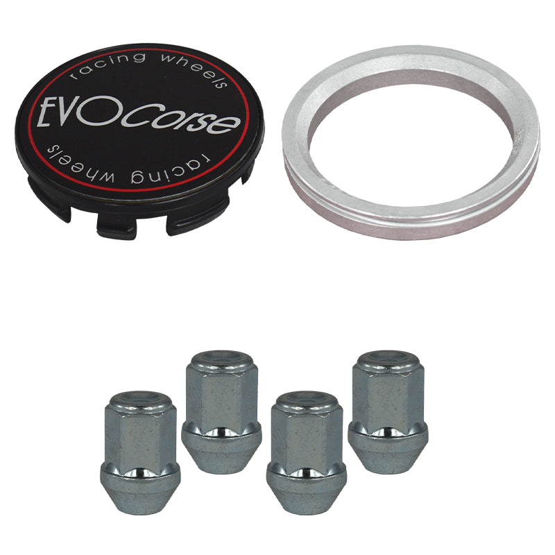 Evocorse - Fixing kit: 1 hubcap (C10), 1 Evocorse matt black badge (L11), 1 closed lug nuts M14x1.50 (068), 1 aluminum hub centric ring 75/64.1