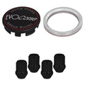 Evocorse - Fixing kit: 1 hubcap (C10), 1 Evocorse matt black badge (L11), 5 black closed lug nuts M14x1.50 (068), 1 aluminum hub centric ring 75/64.1
