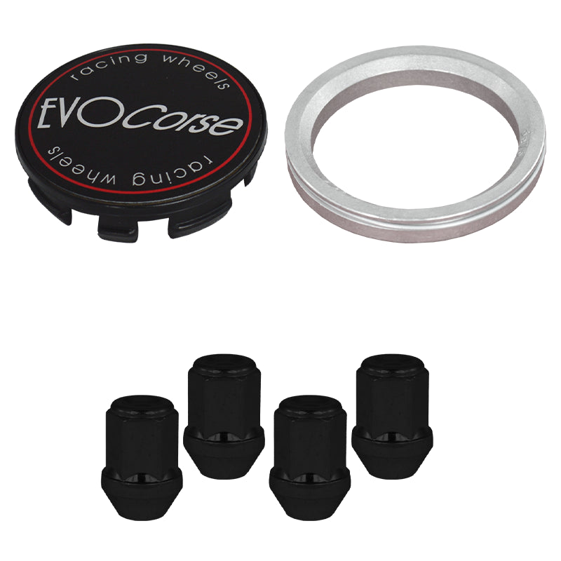 Evocorse - Fixing kit: 1 hubcap (C10), 1 Evocorse matt black badge (L11), 5 black closed lug nuts M14x1.50 (068), 1 aluminum hub centric ring 75/64.1
