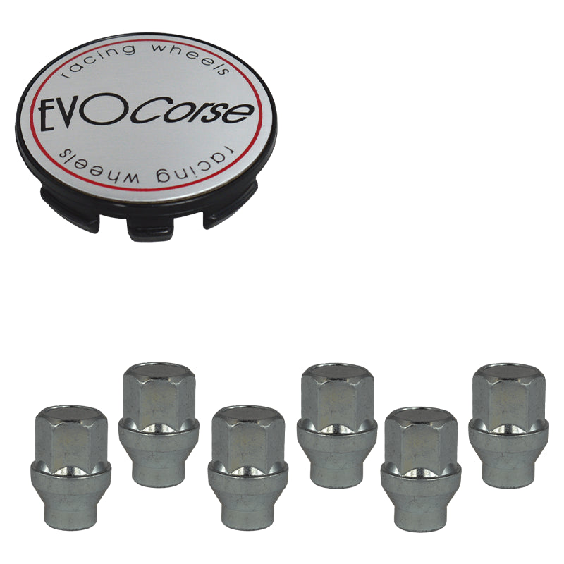 Evocorse - Fixing kit: 1 hubcap (C10), 1 Evocorse brushed badge (L10), 6 closed lug nuts with shank M12x1.50 (046)