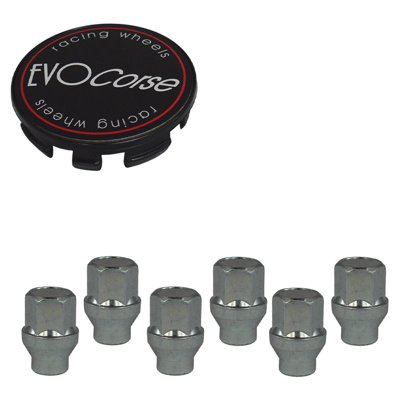 Evocorse - Fixing kit: 1 hubcap (C10), 1 Evocorse matt black badge (L11), 6 closed lug nuts with shank M12x1.50 (046)
