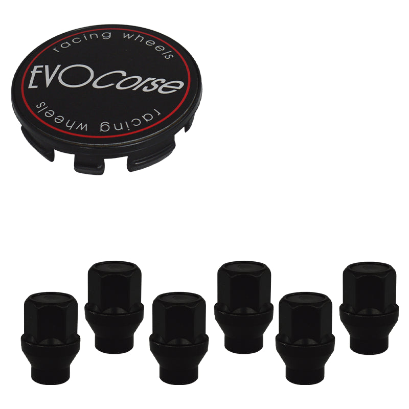 Evocorse - Fixing kit: 1 hubcap (C10), 1 Evocorse matt black badge (L11), 6 black closed lug nuts with shank M12x1.50 (046-ZN)
