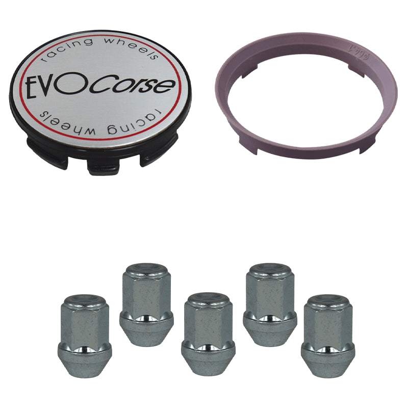 Evocorse - Fixing kit: 1 hubcap (C10), 1 Evocorse brushed badge (L10), 5 lug nuts M12x1.5 (zinc. white) (D6), 1 plastic hub centric ring 67.1/64.1