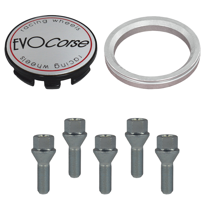 Evocorse - Fixing kit: 1 hubcap (C10), 1 Evocorse brushed badge (L10), 5 lug bolts M14x1.5 (028), 1 aluminum hub centric ring 75/66.6