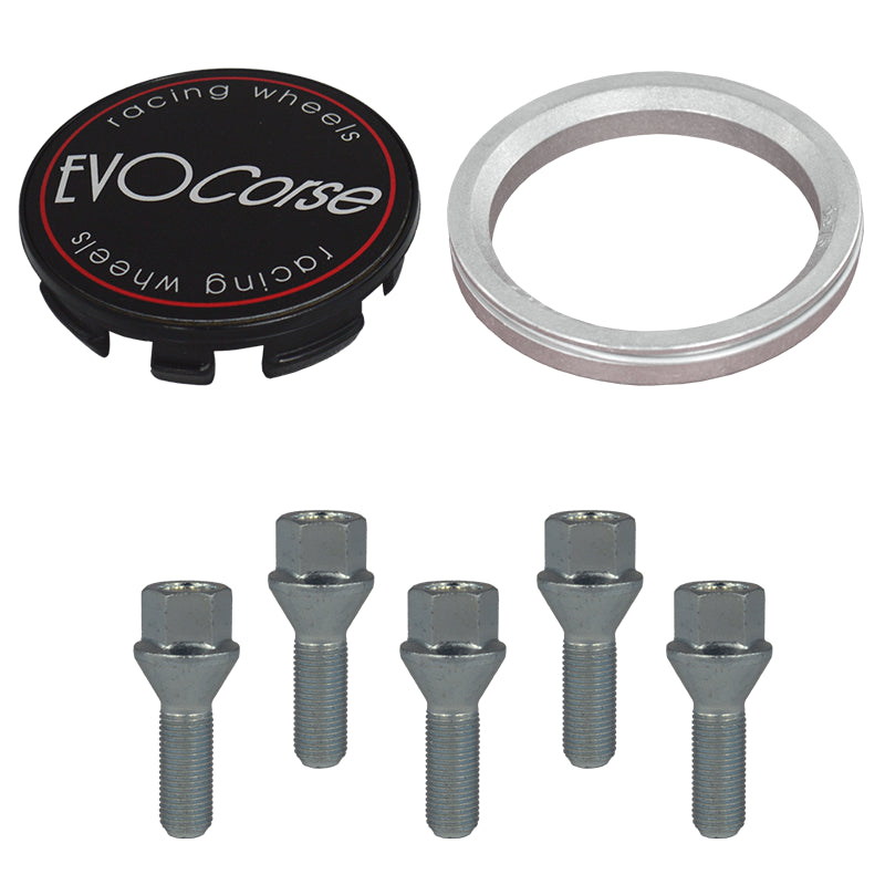 Evocorse - Fixing kit: 1 hubcap (C10), 1 Evocorse matt black badge (L11), 5 lug bolts M14x1.5 (028), 1 aluminum hub centric ring 75/66.6
