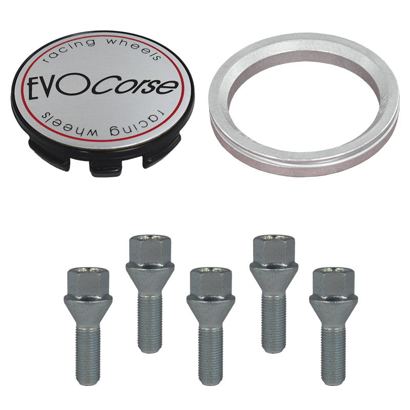 Evocorse - Fixing kit: 1 hubcap (C10), 1 Evocorse brushed badge (L10), 5 lug bolts M12x1.50 (073), 1 aluminum hub centric ring 75/66.1
