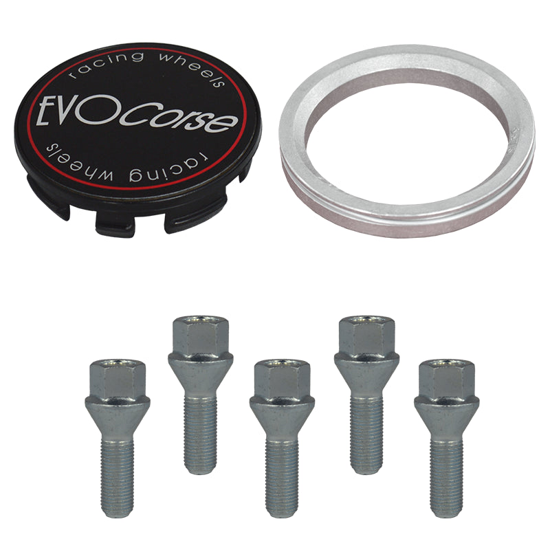 Evocorse - Fixing kit: 1 hubcap (C10), 1 Evocorse matt black badge (L11), 5 lug bolts M12x1.50 (073), 1 aluminum hub centric ring 75/66.1