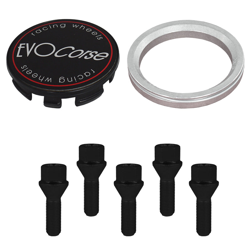 Evocorse - Fixing kit: 1 hubcap (C10), 1 Evocorse matt black badge (L11), 5 black lug bolts M12x1.50 (073), 1 aluminum hub centric ring 75/66.1