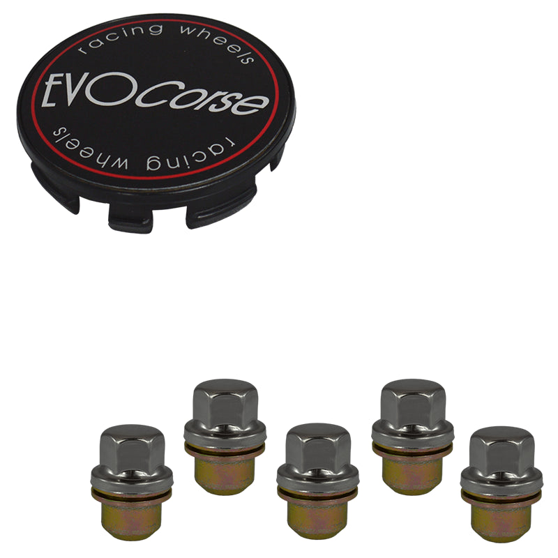 Evocorse - Fixing kit: 1 hubcap (C10), 1 Evocorse matt black badge (L11), 5 closed lug nuts with washer M14x1.50 (112)