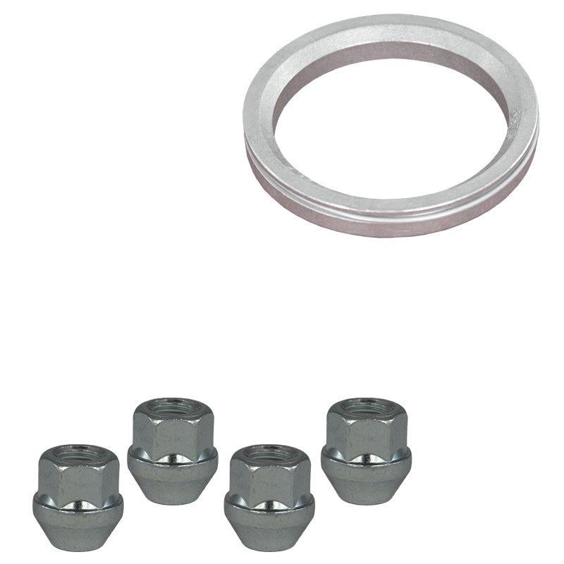 Evocorse - Fixing kit: 4 open lug nuts M12x1.50 (004), 1 aluminum hub centric ring 75/63.4