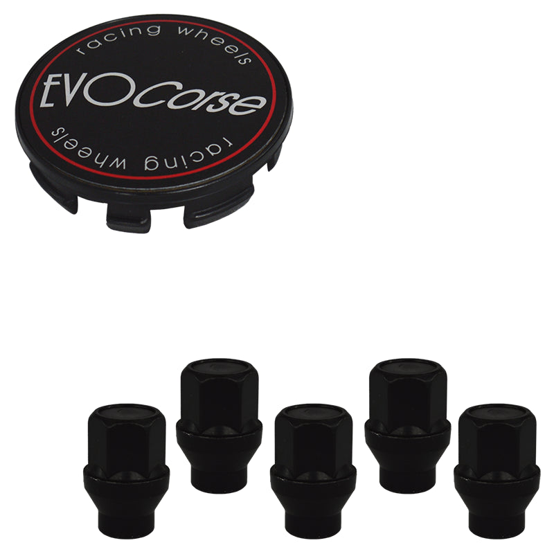 Evocorse - Fixing kit: 1 hubcap (C10), 1 Evocorse matt black badge (L11), 5 black closed lug nuts with shank M14x1.5 (132-ZN)