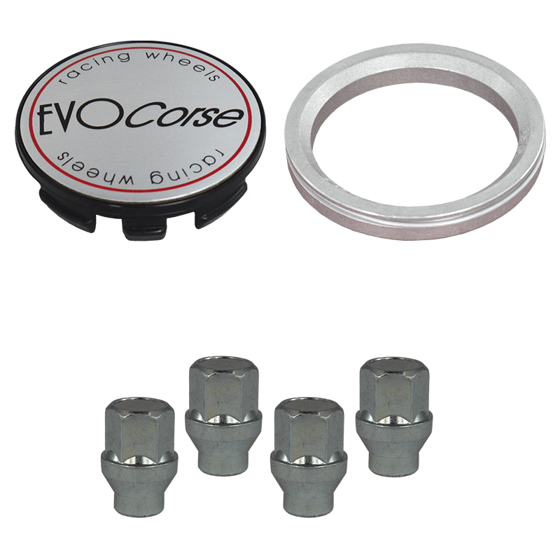 Evocorse - Fixing kit: 1 hubcap (C10), 1 Evocorse brushed badge (L10), 4 closed lug nuts M12x1.25 (030), 1 aluminum hub centric ring 75/54.1