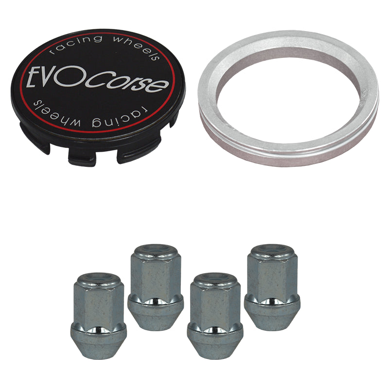 Evocorse - Fixing kit: 1 hubcap (C10), 1 Evocorse matt black badge (L11), 4 closed lug nuts M12x1.25 (030), 1 aluminum hub centric ring 75/54.1
