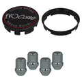 Evocorse - Fixing kit: 1 hubcap (C10), 1 Evocorse matt black badge (L11), 4 closed lug nuts M12x1.25 (030), 1 plastic hub centric ring 60.1/54.1