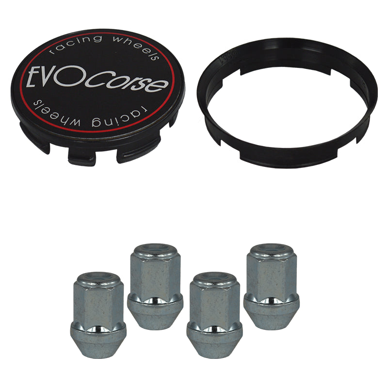 Evocorse - Fixing kit: 1 hubcap (C10), 1 Evocorse matt black badge (L11), 4 closed lug nuts M12x1.25 (030), 1 plastic hub centric ring 60.1/54.1