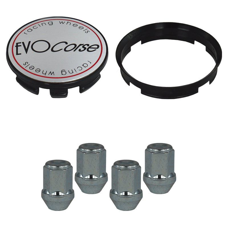 Evocorse - Fixing kit: 1 hubcap (C10), 1 Evocorse brushed badge (L10), 4 closed lug nuts M12x1.50 (031), 1 plastic hub centric ring 60.1/54.1
