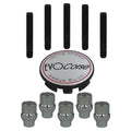 Evocorse - Fixing kit: 1 hubcap (C10), 1 Evocorse brushed badge (L10), 5 closed lug nuts with shank M12x1.50 (046), 5 black hub studs M12x1.5 (129)