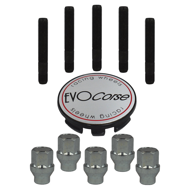 Evocorse - Fixing kit: 1 hubcap (C10), 1 Evocorse brushed badge (L10), 5 closed lug nuts with shank M12x1.50 (046), 5 black hub studs M12x1.5 (129)