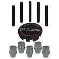 Evocorse - Fixing kit: 1 hubcap (C10), 1 Evocorse matt black badge (L11), 5 closed lug nuts with shank M12x1.50 (046), 5 black hub studs M12x1.5 (129)