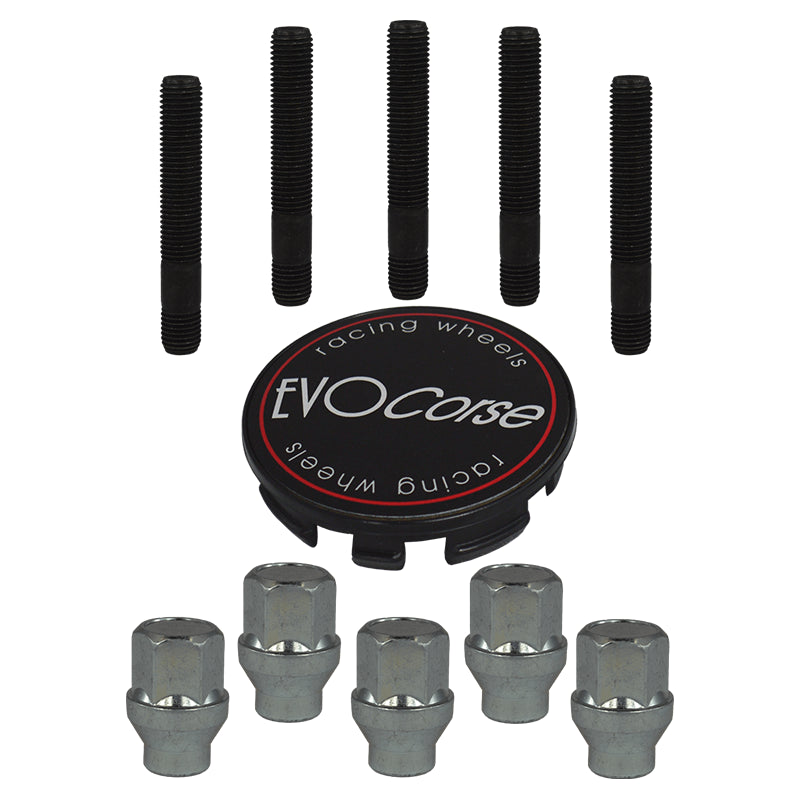 Evocorse - Fixing kit: 1 hubcap (C10), 1 Evocorse matt black badge (L11), 5 closed lug nuts with shank M12x1.50 (046), 5 black hub studs M12x1.5 (129)