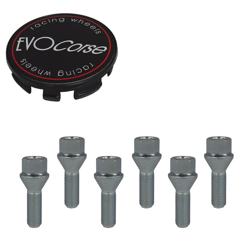 Evocorse - Fixing kit: 1 hubcap (C10), 1 Evocorse matt black badge (L11), 6 lug bolts M14x1.50 (212)