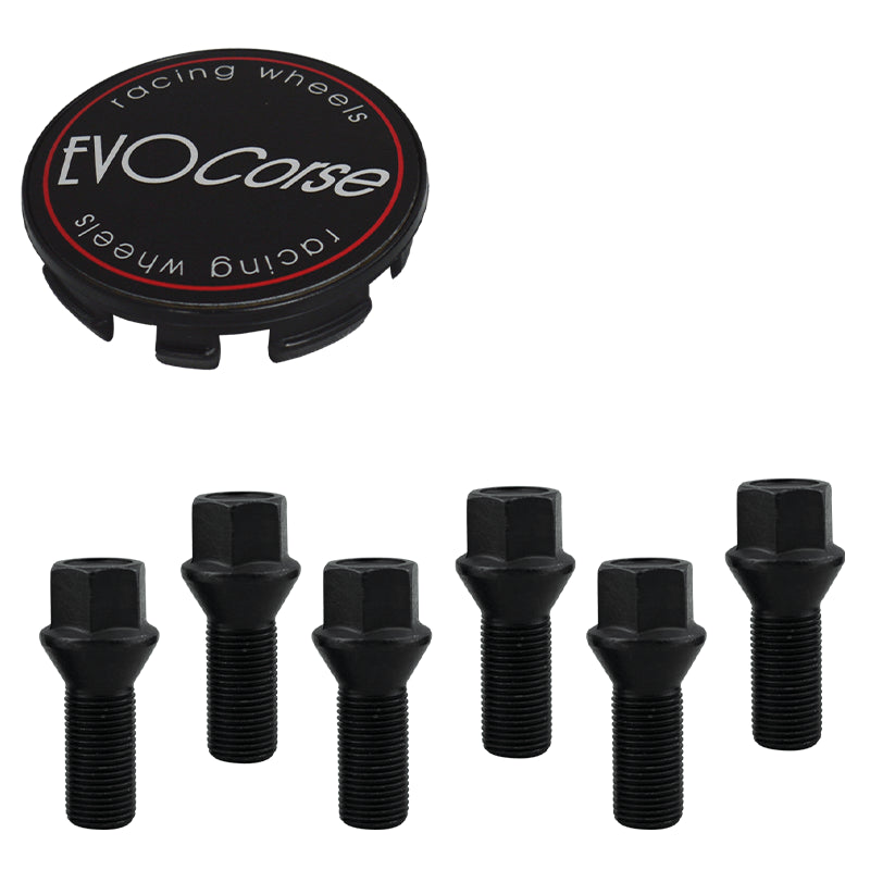 Evocorse - Fixing kit: 1 hubcap (C10), 1 Evocorse matt black badge (L11), 6 black lug bolts M14x1.50 (212-ZN)