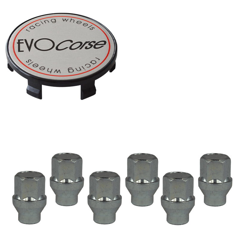 Evocorse - Fixing kit: 1 off-road hubcap (C20), 1 Evocorse brushed badge and black logo (L31), 6 closed lug nuts M12x1.50 (046)