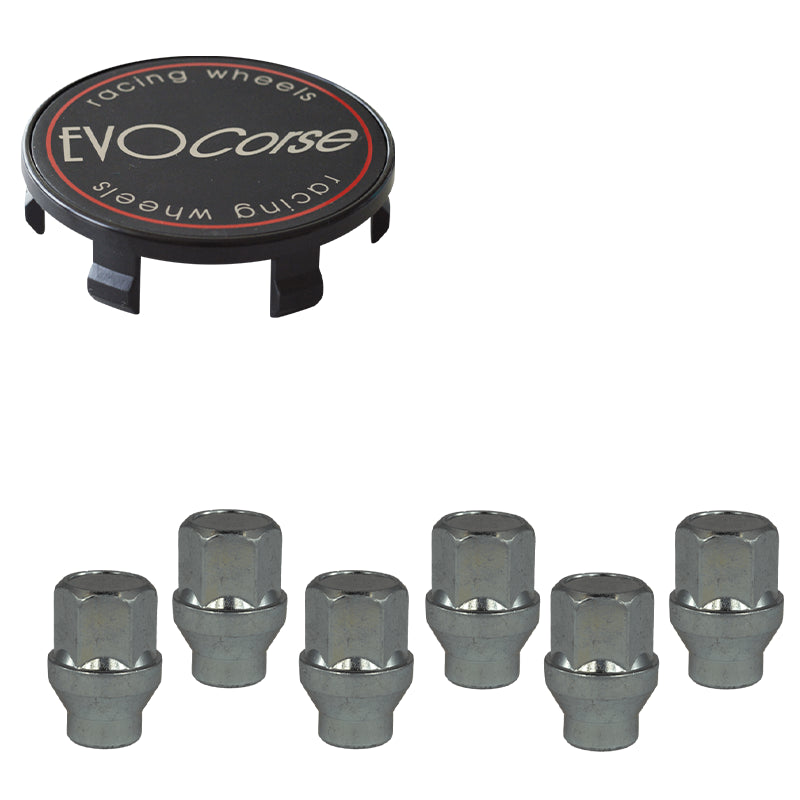 Evocorse - Fixing kit: 1 off-road hubcap (C20), 1 Evocorse black badge and brushed logo (L32), 6 closed lug nuts with shank M12x1.50 (046)