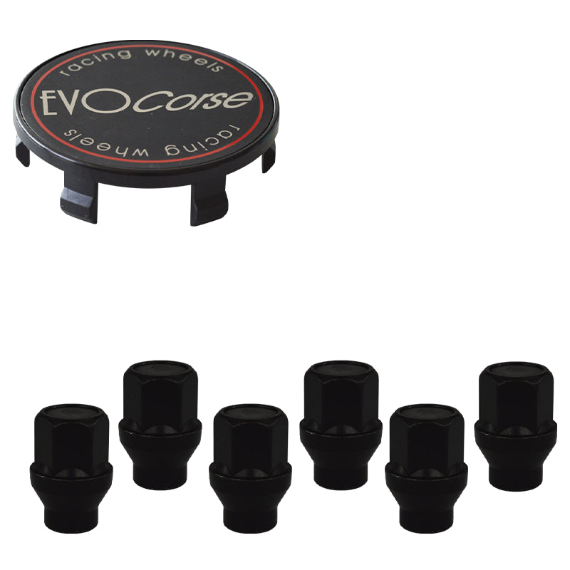 Evocorse - Fixing kit: 1 off-road hubcap (C20), 1 Evocorse black badge and brushed logo (L30), 6 black closed lug nuts with shank M12x1.50 (046-ZN)