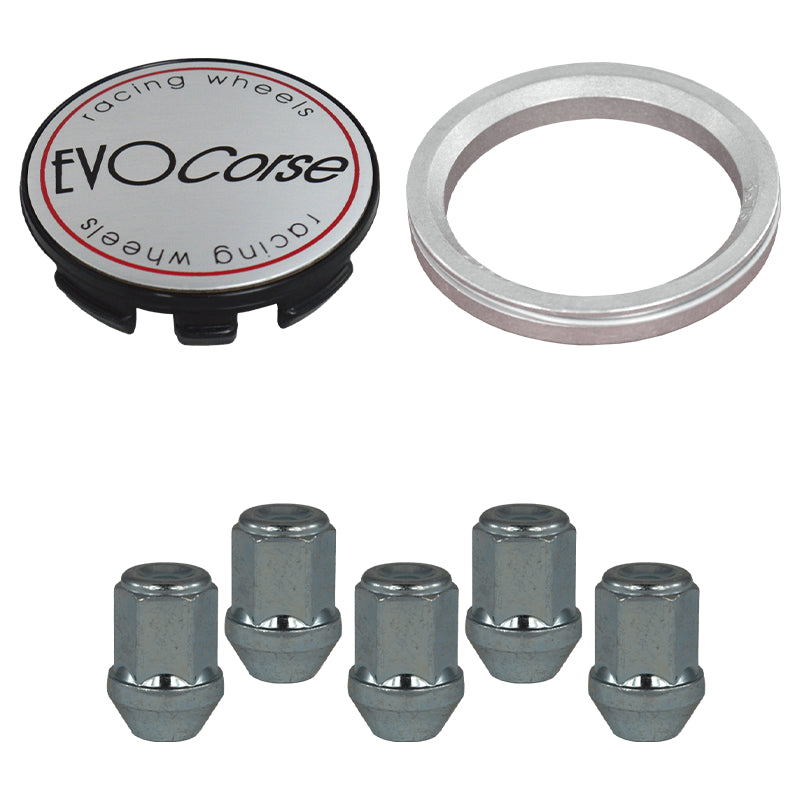 Evocorse - Fixing kit: 1 hubcap (C10), 1 Evocorse brushed badge (L10), 5 closed lug nuts M12x1.5 (046), 1 aluminum hub centric ring 67.1/64.1