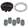 Evocorse - Fixing kit: 1 hubcap (C10), 1 Evocorse matt black badge (L11), 5 closed lug nuts M12x1.5 (046), 1 aluminum hub centric ring 67.1/64.1
