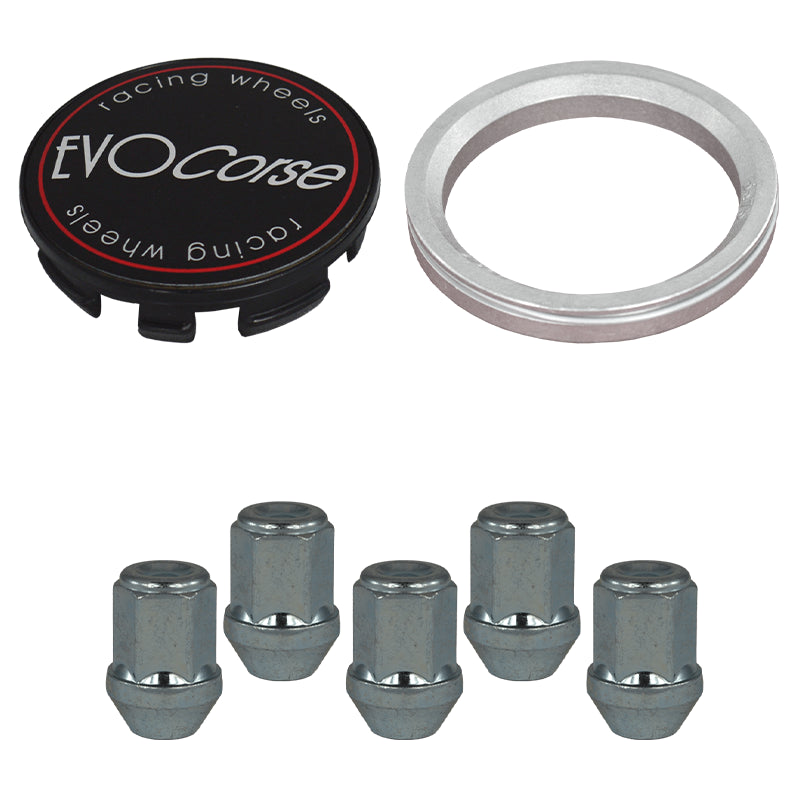Evocorse - Fixing kit: 1 hubcap (C10), 1 Evocorse matt black badge (L11), 5 closed lug nuts M12x1.5 (046), 1 aluminum hub centric ring 67.1/64.1
