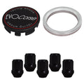 Evocorse - Fixing kit: 1 hubcap (C10), 1 Evocorse matt black badge (L11), 5 black closed lug nuts M12x1.5 (046-ZN), 1 aluminum hub centric ring 67.1/64.1