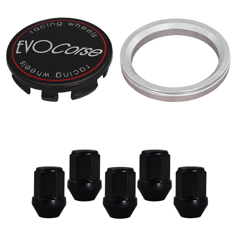 Evocorse - Fixing kit: 1 hubcap (C10), 1 Evocorse matt black badge (L11), 5 black closed lug nuts M12x1.5 (046-ZN), 1 aluminum hub centric ring 67.1/64.1