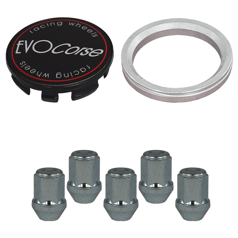 Evocorse - Fixing kit: 1 hubcap (C10), 1 Evocorse matt black badge (L11), 5 closed lug nuts 1/2 UNF with shank (173)