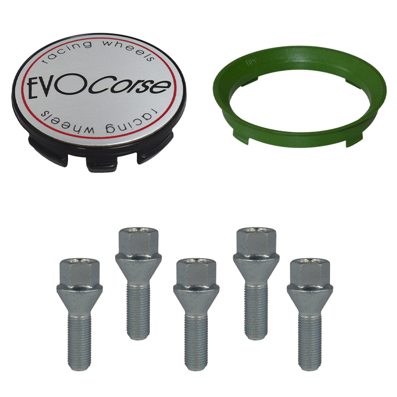 Evocorse - Fixing kit: 1 hubcap (C10), 1 Evocorse brushed badge (L10), 5 lug bolts M12x1.50 (zinc. White) (B12), 1 plastic hub centric ring 67.1/60.1