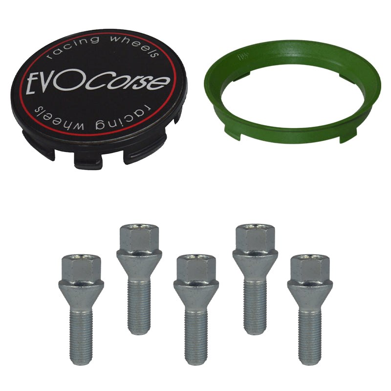 Evocorse - Fixing kit: 1 hubcap (C10), 1 Evocorse brushed badge (L11), 5 lug bolts M12x1.50 (zinc. white) (B12), 1 plastic hub centric ring 67.1/60.1