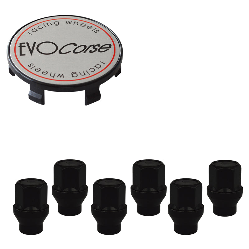 Evocorse - Fixing kit: 1 hubcap (C20), 1 Evocorse brushed badge (L31), 6 black closed end lug nut with shank M14x1.5 (zinc. black)(D42-ZN)