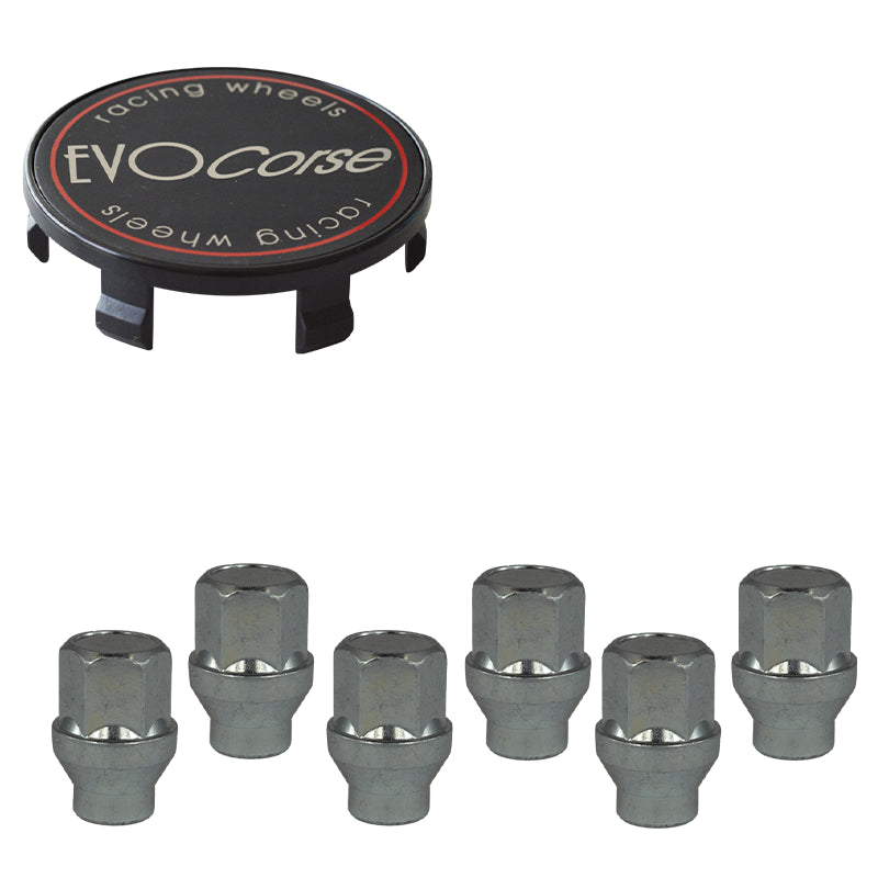 Evocorse - Fixing kit: 1 hubcap (C20), 1 Evocorse matt black badge (L32), 6 closed end lug nut with shank M14x1.5 (zinc. White)(D42)
