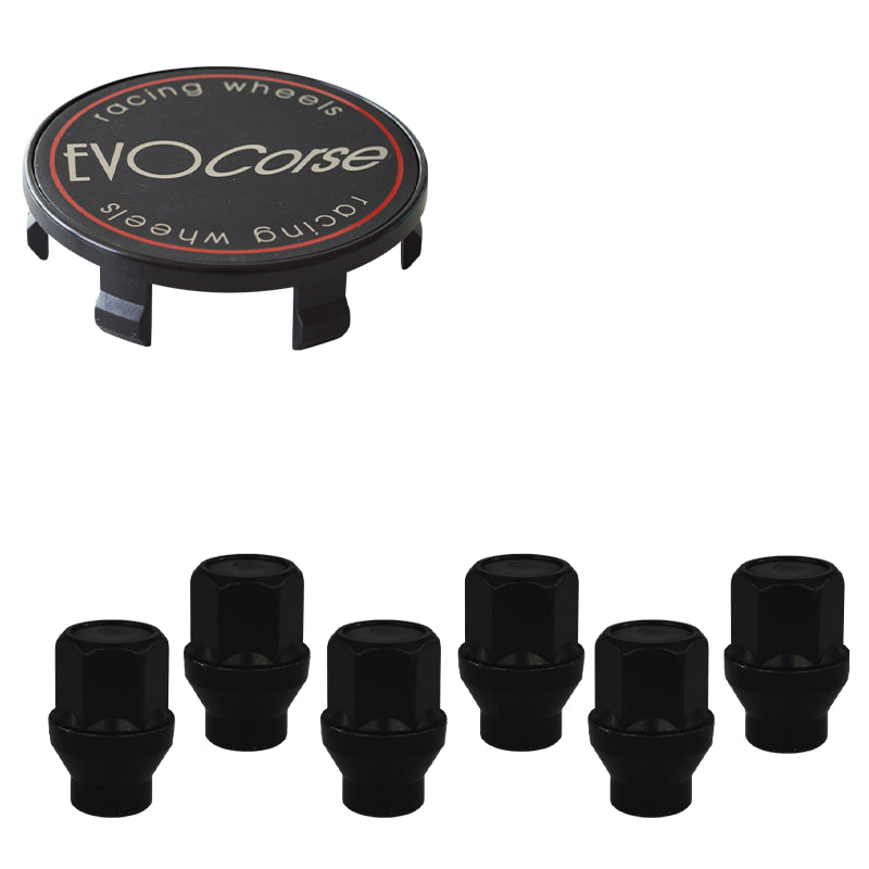 Evocorse - Fixing kit: 1 hubcap (C20), 1 Evocorse matt black badge (L32), 6 closed end lug nut with shank M14x1.5 (zinc. Black) (D42-ZN)